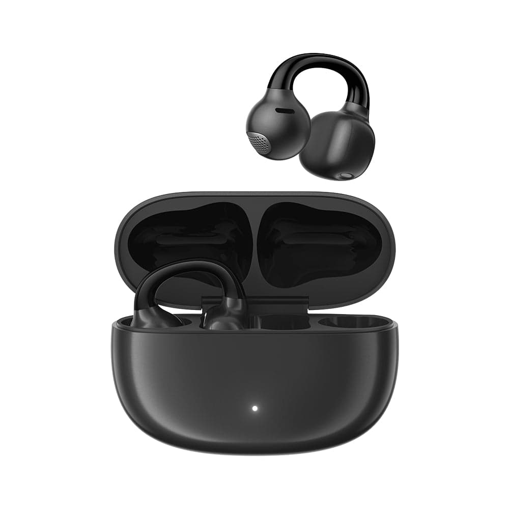黒いEDIFIER Comfo Qのオープンイヤー型ワイヤレスイヤホンと充電ケース
