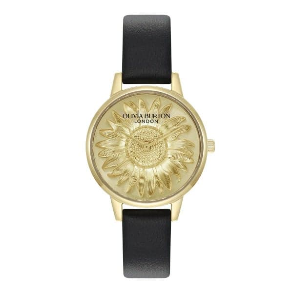 골드 케이스와 블랙 레더의 OLIVIA BURTON 3D 플라워 미디