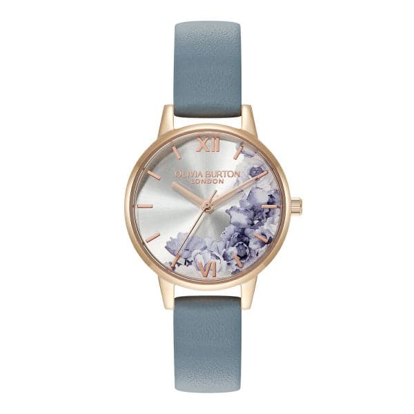 OLIVIA BURTON シグネチャー 30mm イラストレイテッド フローラル ローズゴールド＆チョークブルー レザーストラップ ウォッチ
