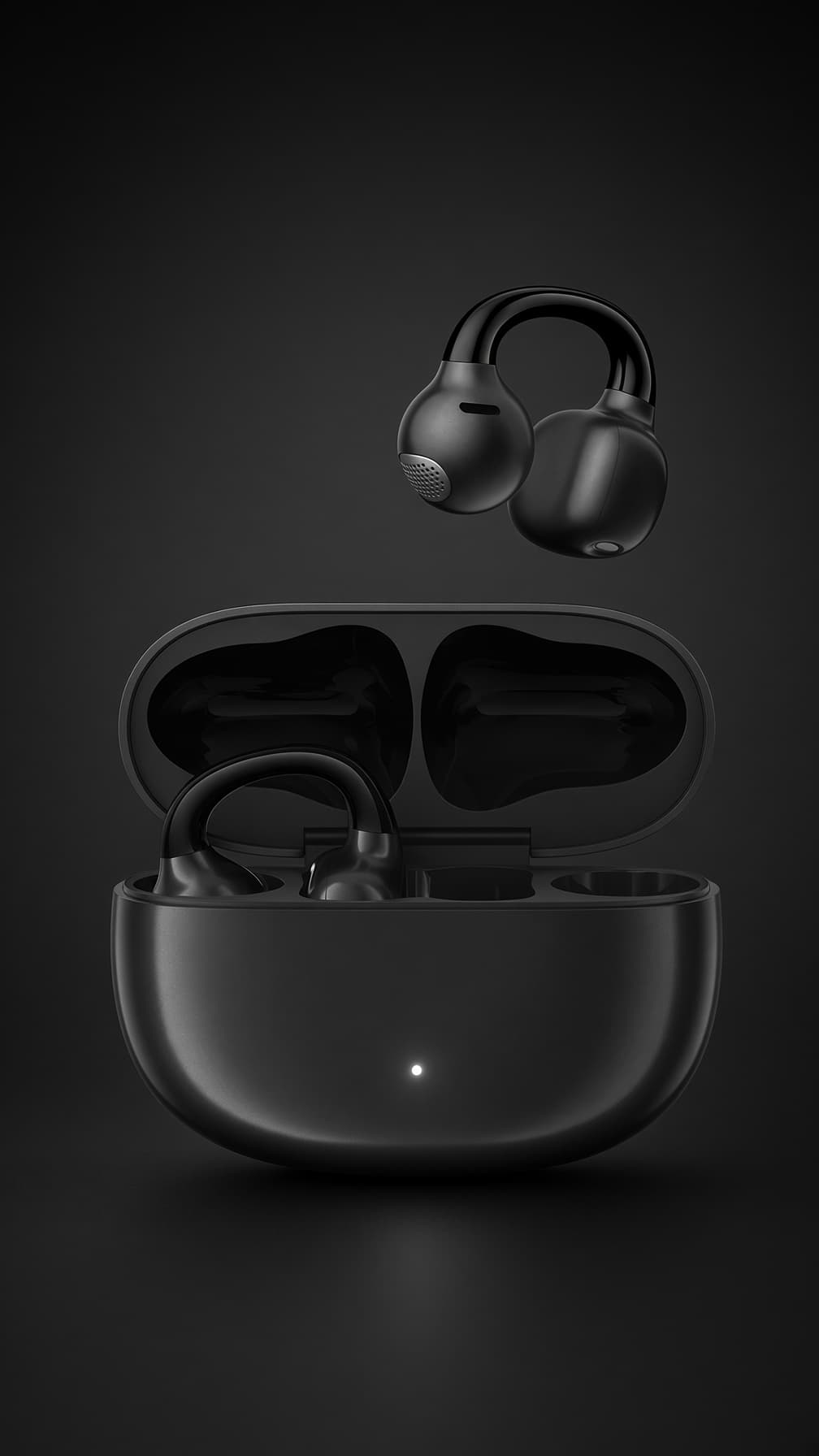 黒いEDIFIER Comfo Qのオープンイヤー型ワイヤレスイヤホンと充電ケース