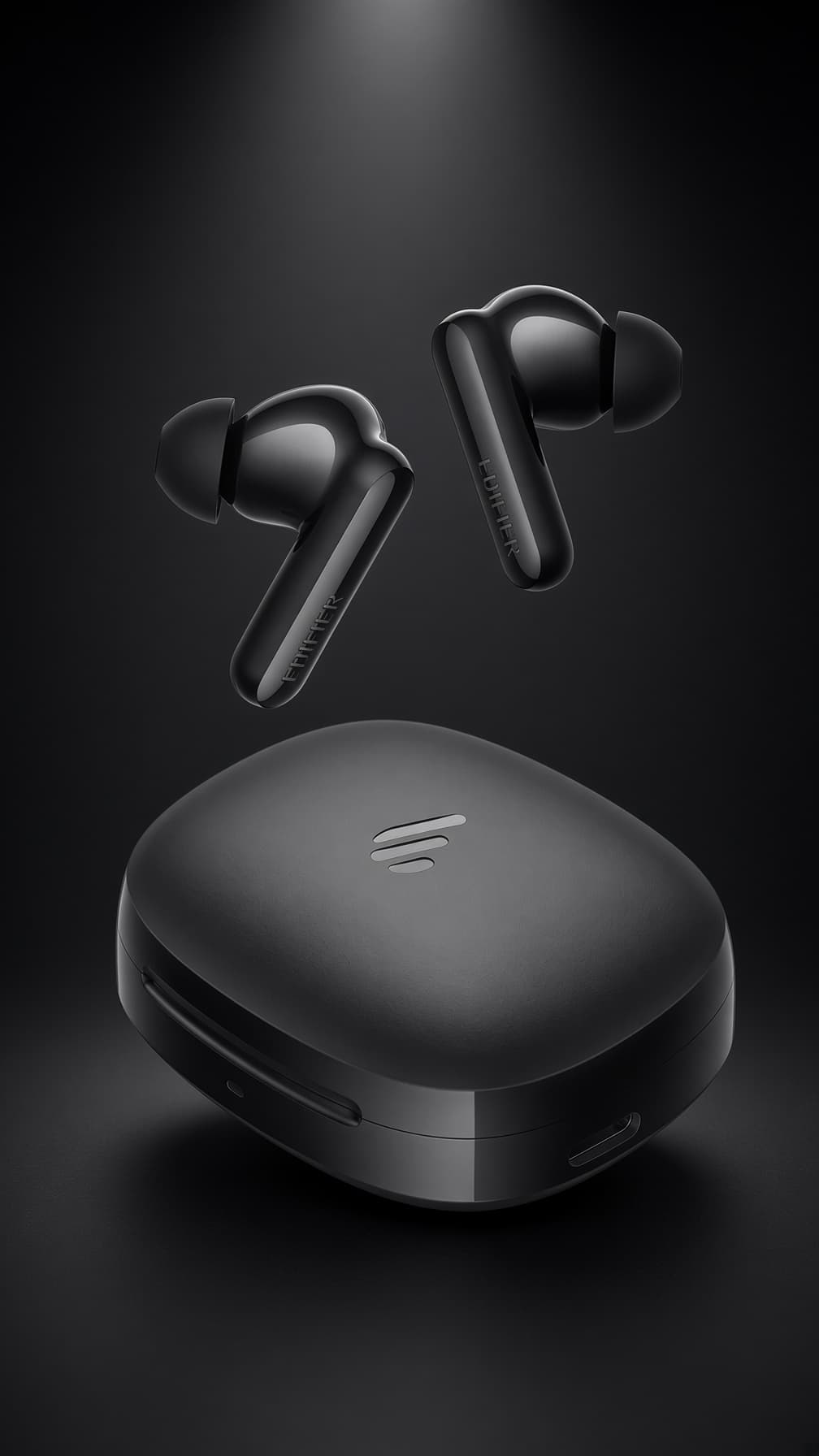 黒いEDIFIER X2 Proの完全ワイヤレスイヤホンと充電ケース
